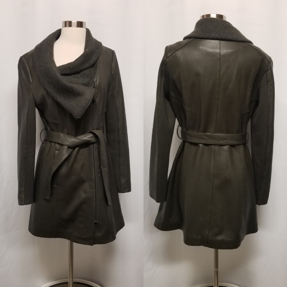 Tahari Olive Leather Coat with Scarf Collar